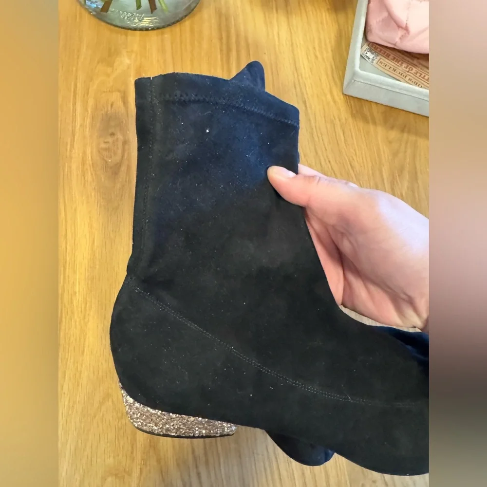 Jimmy Choo Black Suede Ankle Boots with Glitter Heel 38.5 EUC - Picture 9 of 12